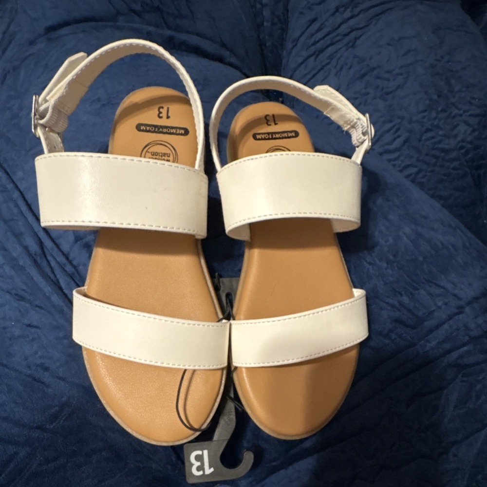 Wonder Nation Girls White Memory Foam Buckle Sandals‎ Flat Heel Size 13